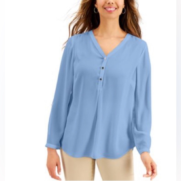 JM Collection roll-tab sleeves blue blouse - Picture 7 of 7